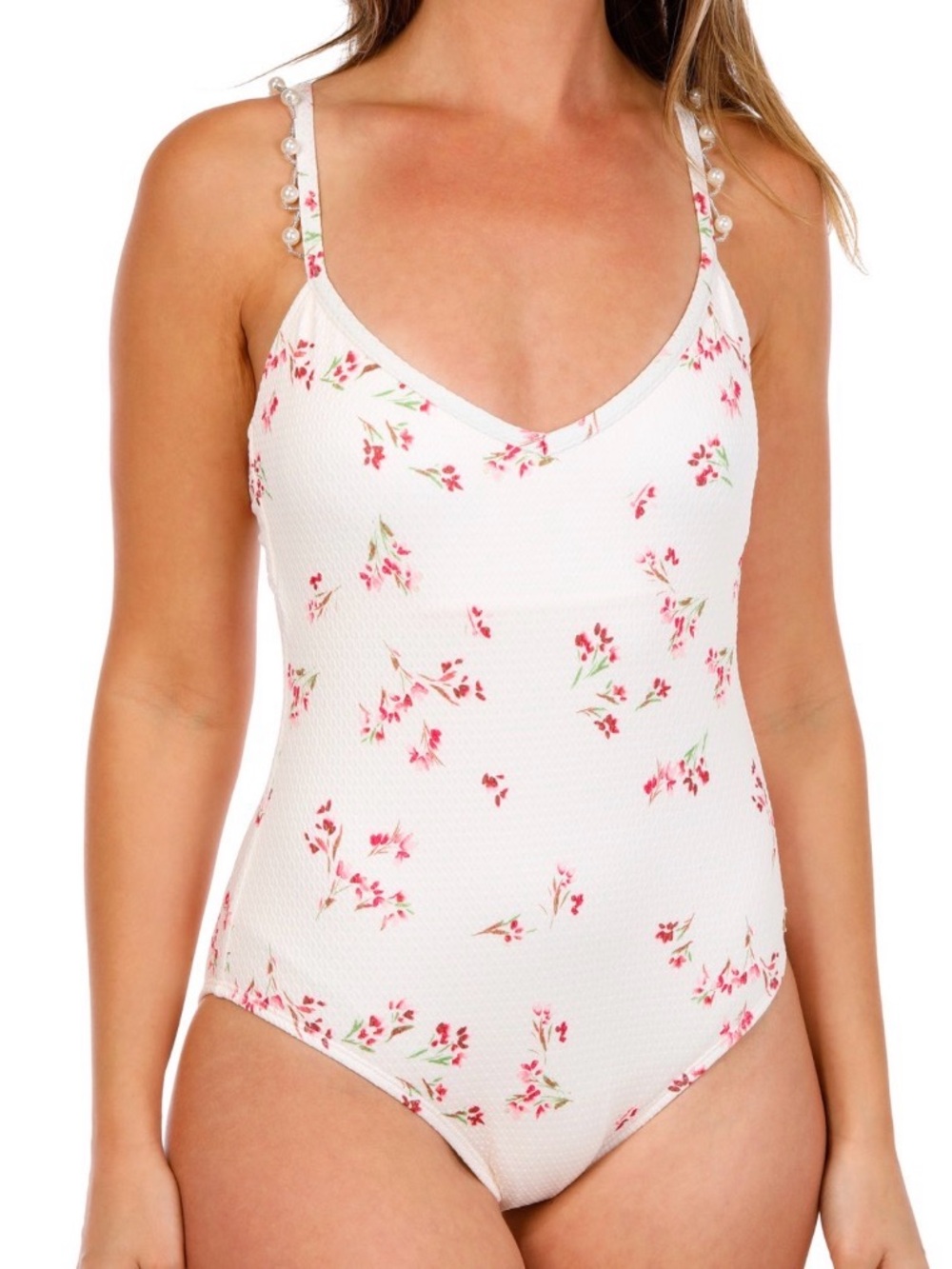 CeCe Cream One-Piece Swimsuit with Pink Floral Accents